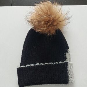 Cozy Black and Gray Kids Beanie with Faux Fur Pom